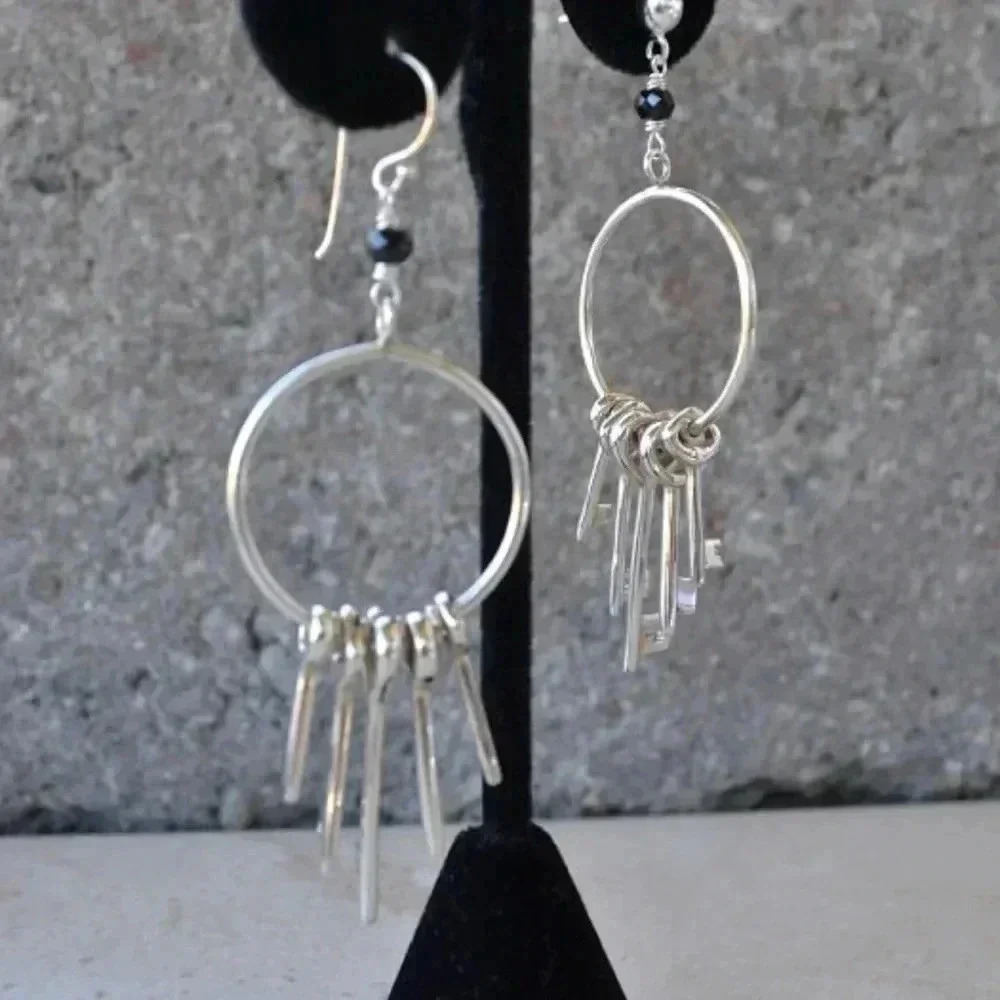 Key Hoop Earrings, Jane The Virgin,Solid Sterling Silver,Black Spinel - Picture 2 of 3